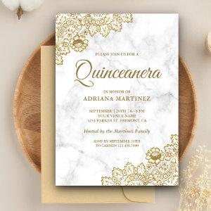 White Marble Gold Vintage Country Lace Quinceanera