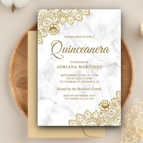 White Marble Gold Vintage Country Lace Quinceanera