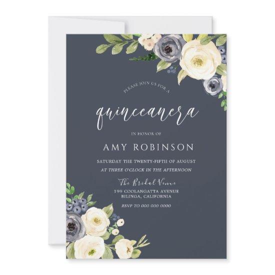 White & Navy Flowers Beautiful Quinceanera Party