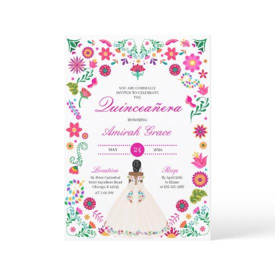 White Pink Otomi Embroidery Quinceañera