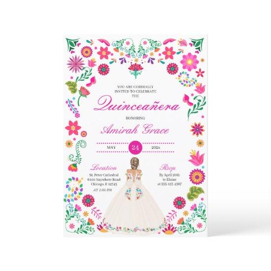 White Pink Otomi Embroidery Quinceañera