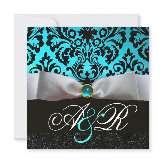 WHITE RIBBON TEAL AQUA BLUE BLACK  DAMASK MONOGRAM