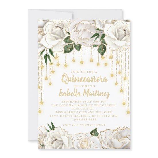 White Roses Gold String Light Star Quinceañera  In