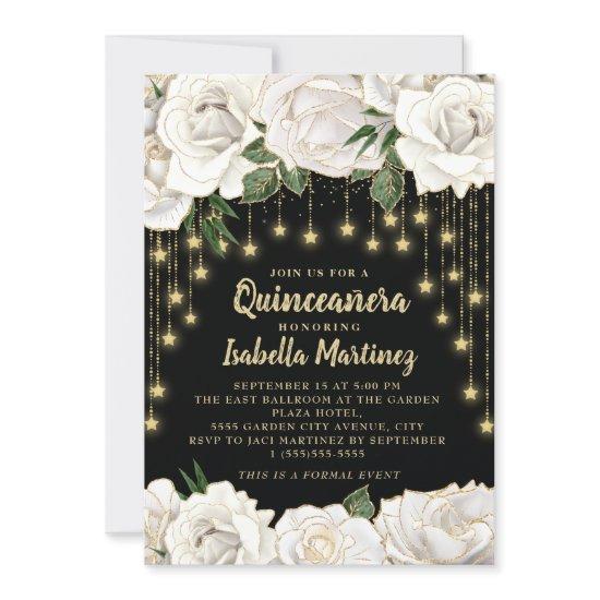 White Roses Gold String Light Star Quinceañera