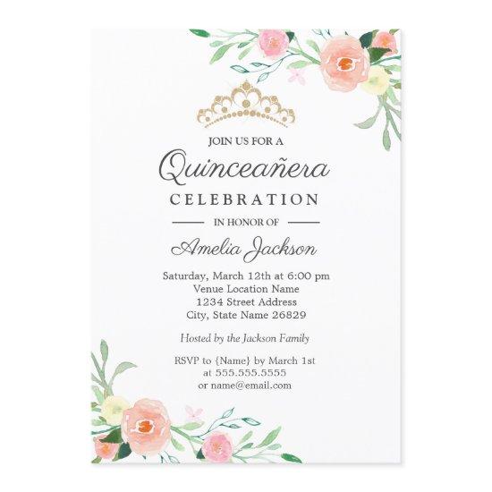 Wild Flower Peach Pink Floral Quinceanera Invite