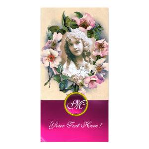 WILD ROSES WITH PINK FUCHSIA GEM STONE MONOGRAM CARD
