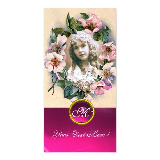 WILD ROSES WITH PINK FUCHSIA GEM STONE MONOGRAM CARD