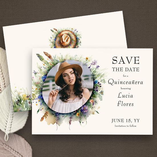 Wildflower Cowgirl Rustic Floral Quinceanera Photo Save The Date