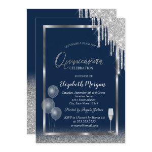 Wine Glass Balloons Glitter Drips Blue Quinceañera