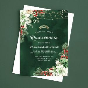 Winter Evergreen and Berries Emerald Quinceañera