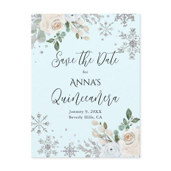 Winter Floral Light Blue Quinceanera Save The Date Postcard
