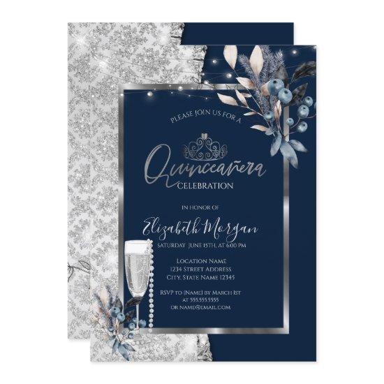 Winter Flowers,Glass Pearls Navy Blue Quinceanera