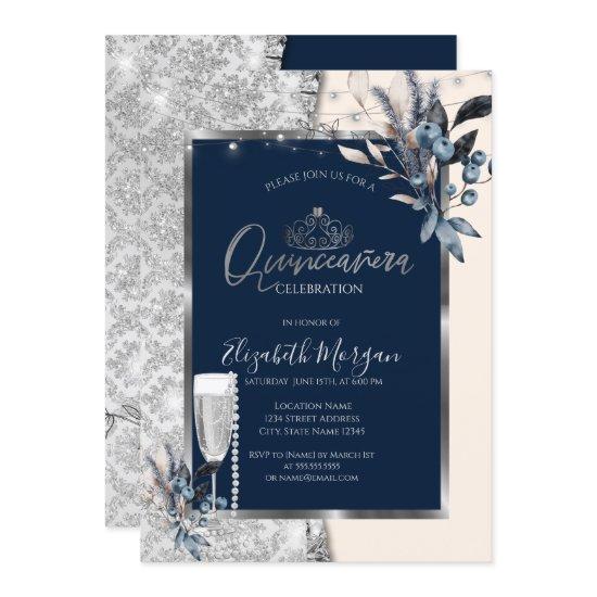 Winter Flowers,Prosecco Navy Blue Quinceanera