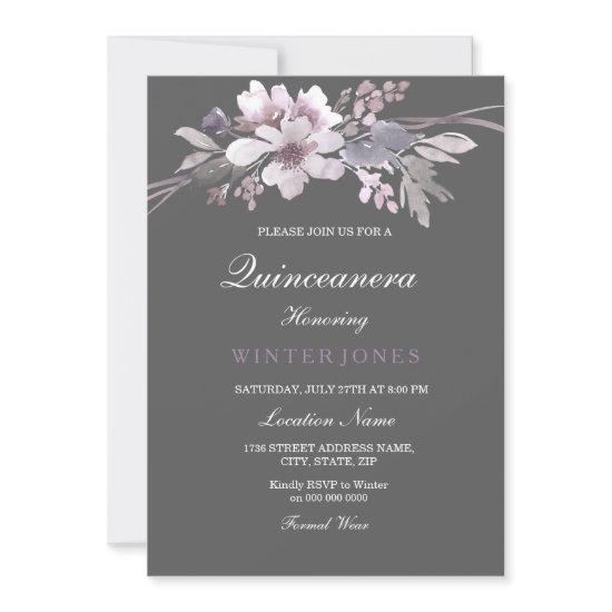 Winter Gray Purple Floral Quinceanera