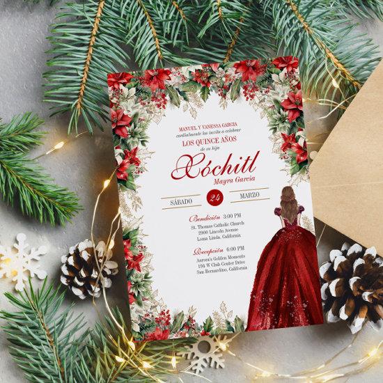 Winter Holiday Red Floral Elegant Quinceanera