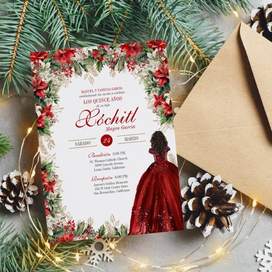 Winter Holiday Red Floral Elegant Quinceanera