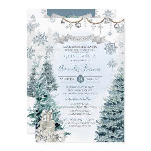 Winter Holiday Silver and Blue Snow Quinceañera
