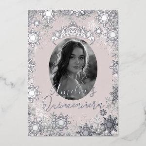 Winter Silver Beige Snowflake Photo Quinceanera Foil