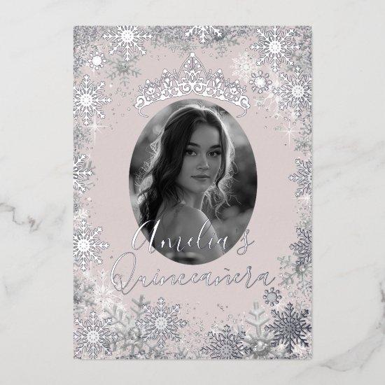 Winter Silver Beige Snowflake Photo Quinceanera Foil