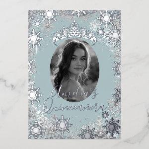 Winter Silver Blue Snowflake Photo Quinceanera Foil