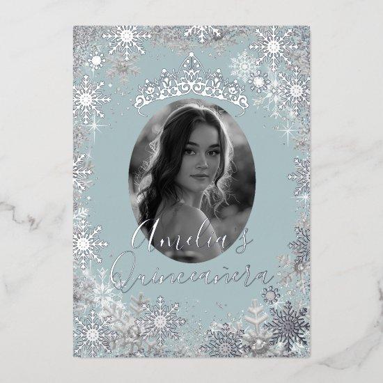 Winter Silver Blue Snowflake Photo Quinceanera Foil