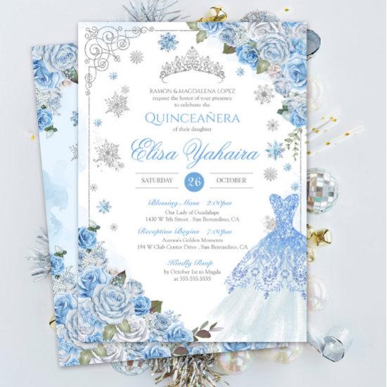 Winter Snowflake Ice Blue Silver Quinceañera