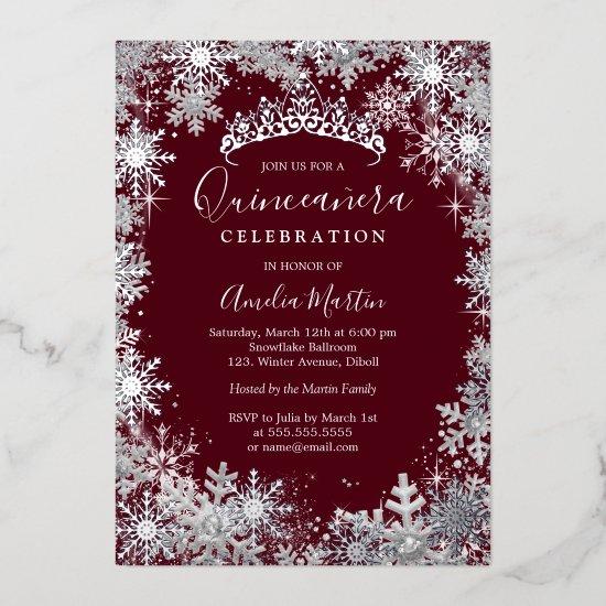 Winter Snowflake Silver Burgundy Quinceanera Foil
