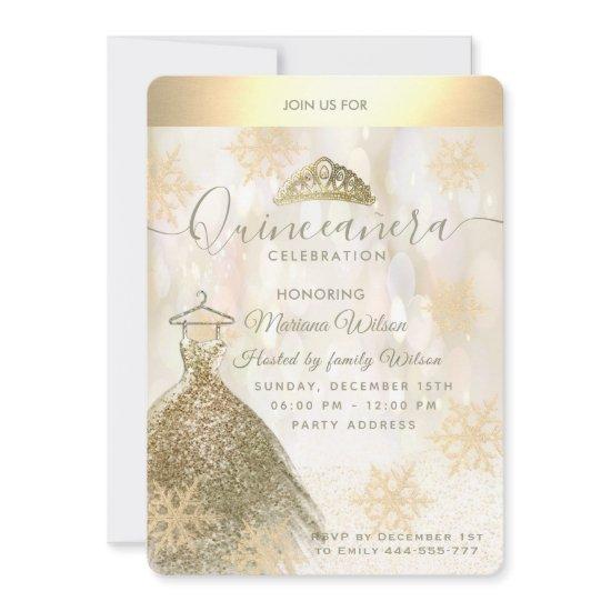 Winter wonderland Gold snowflake bokeh Quinceañera