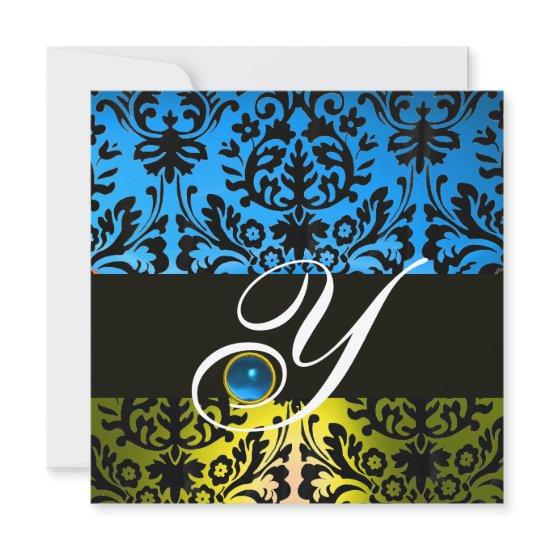 YELLOW BLUE BLACK DAMASK MONOGRAM Sapphire