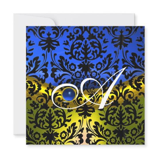 YELLOW BLUE SAPPHIRE BLACK DAMASK MONOGRAM