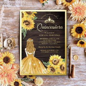 Yellow Dress Sunflowers Barn Wood Quinceanera Gold Foil