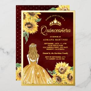 Yellow Dress Sunflowers Burgundy Quinceanera Gold Foil