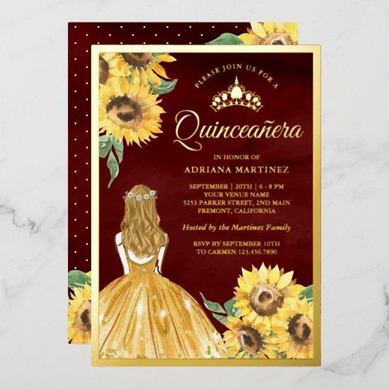 Yellow Dress Sunflowers Burgundy Quinceanera Gold Foil