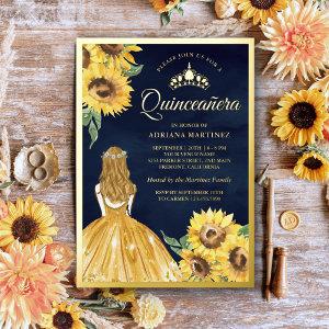 Yellow Dress Sunflowers Navy Blue Quinceanera Gold Foil