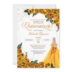 Yellow Floral Rose & Gold Elegant Quinceañera Invi