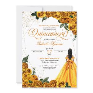 Yellow Floral Rose & Gold Elegant Quinceañera Invi