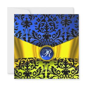 YELLOW GOLD RIBBON BLUE BLACK DAMASK MONOGRAM
