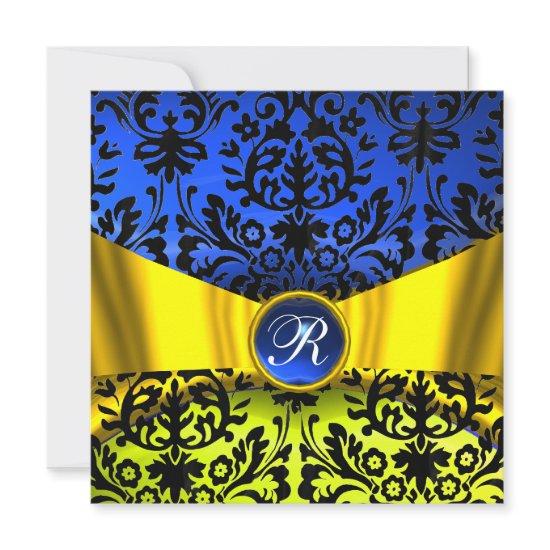 YELLOW GOLD RIBBON BLUE BLACK DAMASK MONOGRAM