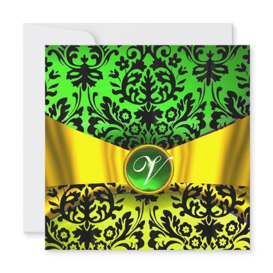 YELLOW GOLD RIBBON EMERALD BLACK DAMASK MONOGRAM