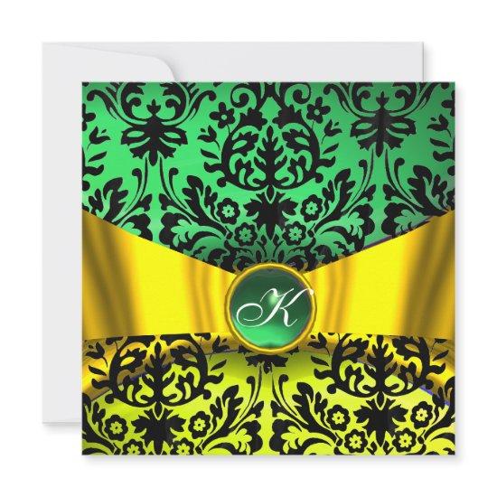 YELLOW GOLD RIBBON EMERALD BLACK DAMASK MONOGRAM