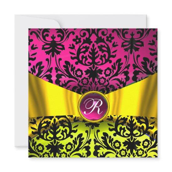 YELLOW GOLD RIBBON FUCHSIA BLACK DAMASK MONOGRAM