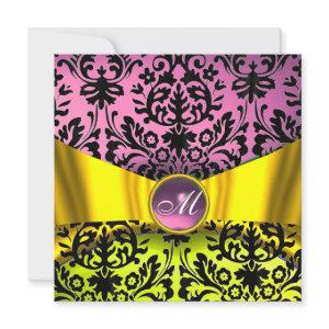 YELLOW GOLD RIBBON PINK BLACK DAMASK MONOGRAM