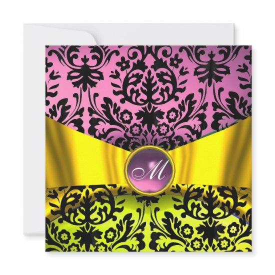 YELLOW GOLD RIBBON PINK BLACK DAMASK MONOGRAM