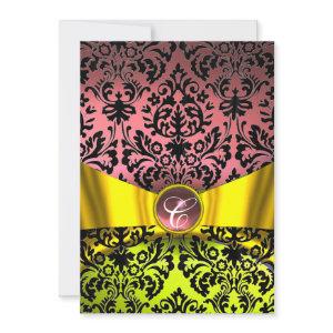 YELLOW GOLD RIBBON PINK BLACK DAMASK MONOGRAM
