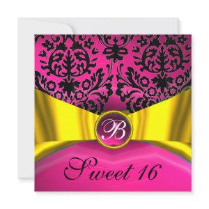 YELLOW GOLD RIBBON PINK BLACK DAMASK MONOGRAM
