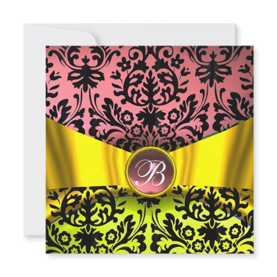 YELLOW GOLD RIBBON PINK BLACK DAMASK MONOGRAM