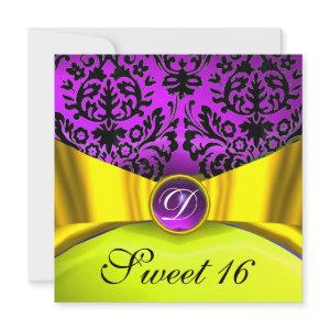 YELLOW GOLD RIBBON PURPLE BLACK DAMASK MONOGRAM