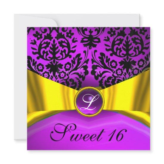 YELLOW GOLD RIBBON PURPLE BLACK DAMASK MONOGRAM