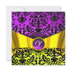 YELLOW GOLD RIBBON PURPLE BLACK DAMASK MONOGRAM