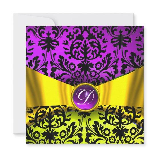 YELLOW GOLD RIBBON PURPLE BLACK DAMASK MONOGRAM
